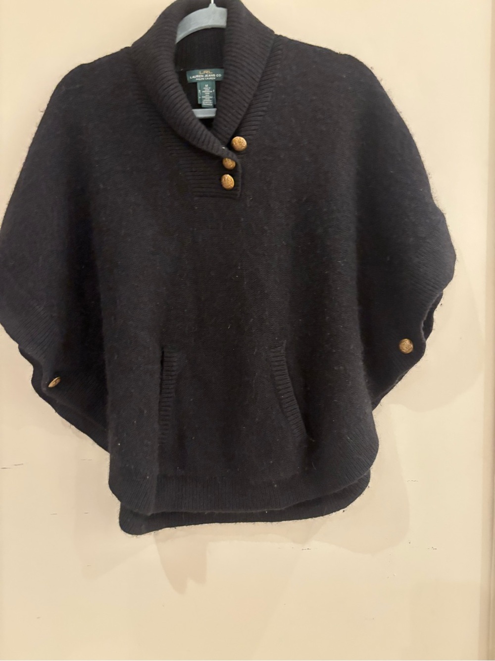 Ralph Lauren Black Shawl-Collar Button Poncho